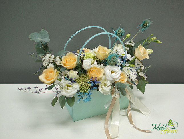 Bag with Cream Roses, Lisianthus, and Chrysanthemum photo